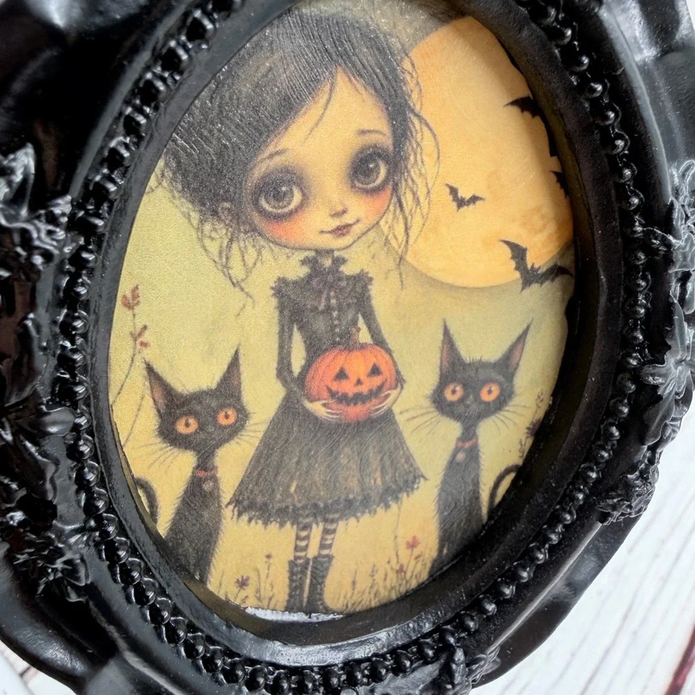 Handmade Gothic Halloween Girl Black Cats Decoupage Art Ornate Resin Frame